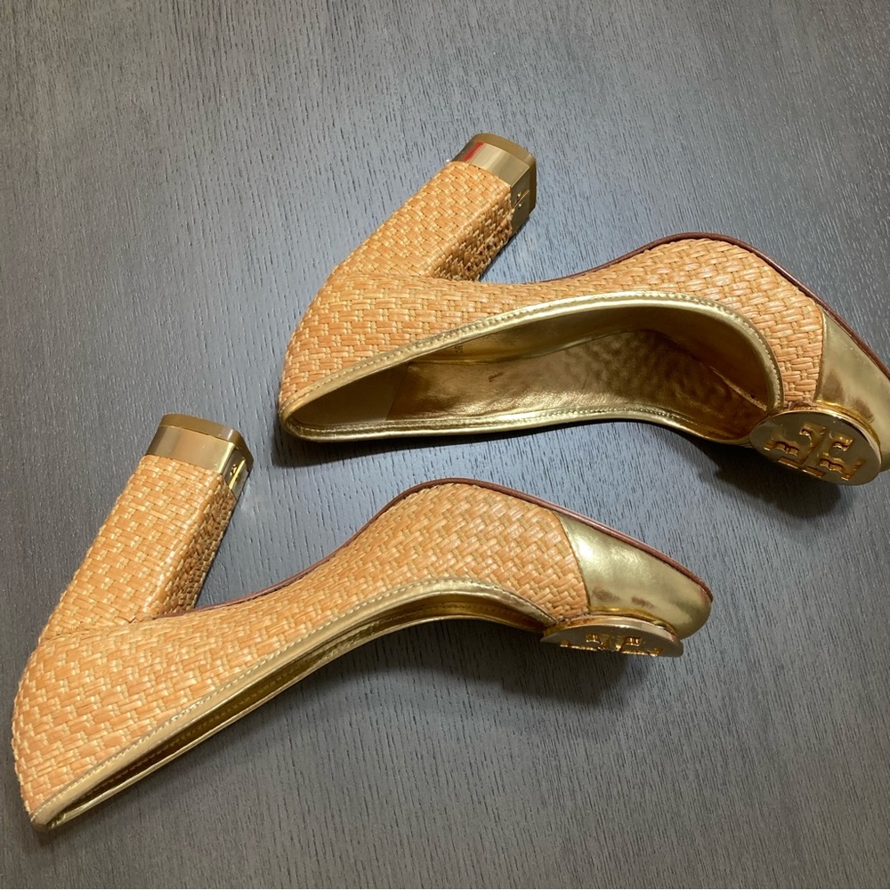 Gold + Nude Tory Burch Woven Straw Heels